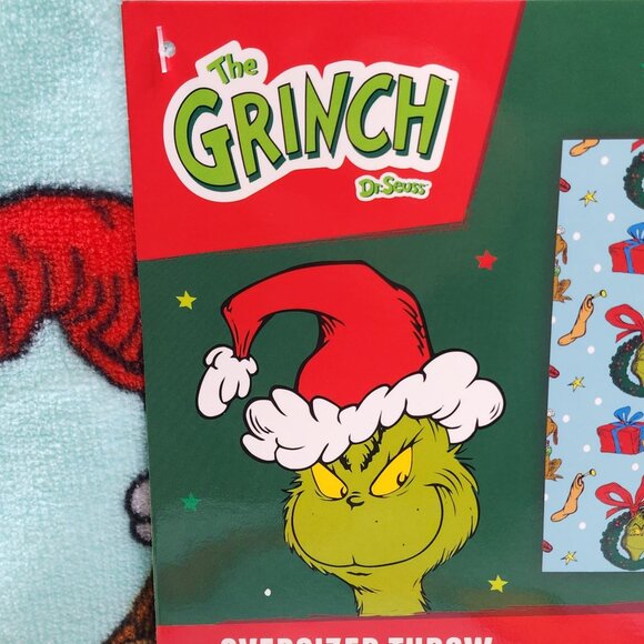 Dr. Seuss The Grinch Oversized Plush Throw Blanket 50" x 60" Green Background - Picture 6 of 11